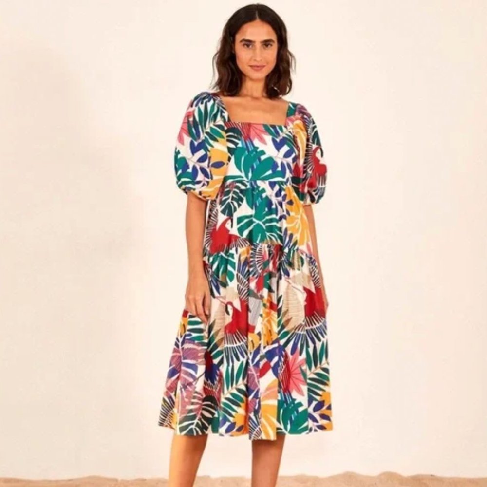 NWT - Farm Rio Off White Macaw Midi Dress, Size Small NEW $230